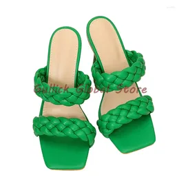 Slippers Fashion Women Slides Green Knitted Style Belt PU Square Toe Stiletto Summer Dress Outside Comfortable Soft Cosy