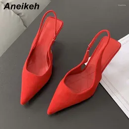 Dress Shoes Aneikeh Fashionable Elegant Pointed High Heels 2024 Summer Open Heel Flock Non Slip Single Women's Career Red Black