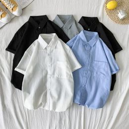 Korean Style Lapel Short Sleeve Men Shirt Patch Pocket Single Breasted Summer Casual Solid Color Work Shirt Streetwear