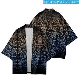 Geometric Patterns Printed Gradient Loose Japanese Cardigan Streetwear Men Women Kimono Beach Shorts Shirt Haori Cosplay Yukat