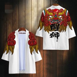 Traditional Cosplay Haori Red Print Kimono And Shorts Set Samurai Asian Clothing Chinese Style Men Yukata Cardigan