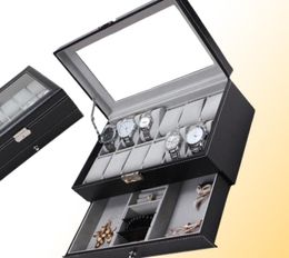 New 12 Grids Slots Double Layers PU Leather Watch Storage Box Professional Watch Case Rings Bracelet Organiser Box Holder4780619