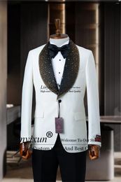 Men's Suits Formal White Men With Beaded Crystal Wedding Groom Tuxedos 2 Pieces Sets Male Prom Party Blazer Slim Fit Costume Homme