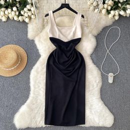 Casual Dresses Korean Chic Summer Colour Match Bodycon Dress For Women Sexy Square Neck Sleeveless High Waist Back Split Knee Length Party