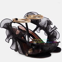 Sandals Black Lace Flower Party High Heel Women Sexy Leather Stiletto Square Toe Ankle Strap Summer Banquet Shoes