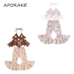 Clothing Sets 2024 0-3Y Toddler Baby Girl Boho Outfits Floral Tassel Sleeveless Knitted Halter Crop Top Bell Bottom Pants Summer Clothes Set