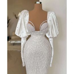 ホワイトパールウェディングファッション長袖ビーズスパンコールシースガウンカスタムエレガントな床の長さの花嫁ドレス