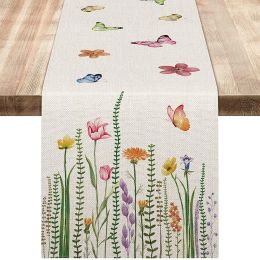 Watercolour Floral Table Runner Linen Daisy Tulip Wild Flowers Kitchen Dining Table Decor Rustic Wedding Holiday Tablecloth