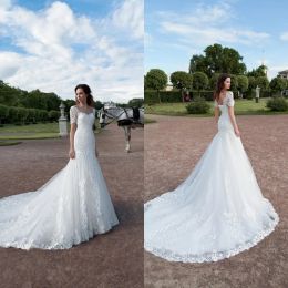 Elegant Wedding Dresses V Neck Short Sleeves Lace Appliques Beach Bridal Gowns 2024 Lace-up Back Sweep Train Mermaid Wedding Dress