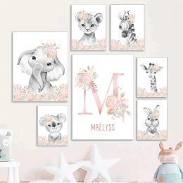 Safari Animals In Pink Flowers Kids Name Customised Nursery Wall Art Posters and Print for Girls' Bedroom Decor Baby Shower Gift