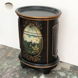 Small Style Wood Bedside Table Retro Painting Oval Corner Bedside Cabinet Living Room Solid Wood Nightstand Home Furniture