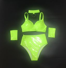 New Elastic Patent Leather Bikini Set Sexy Nightclub Bar DJ Party Women Dancer Team Pole Dancing Costume Female Stage Wear Set