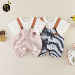 Trousers 012M Baby Romper Kids Jumpsuits Cotton Summer Baby Clothes Boys Girls Pants Suspender Trousers Striped Toddler Pants Overalls