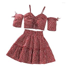 Clothing Sets CitgeeSummer Kid Girl Skirt Outfit Flower Print Short Sleeve Off Shoulder Spaghetti Strap Tops High Waist A-Line