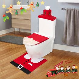 Toilet Seat Covers 4-1set Christmas Lid Decorative Carpet Set Bathroom Cartoon Cute Decoration Santa Claus Theme Pattern Cover