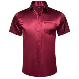 Red Green White Summer Short Sleeve Shirts for Men Solid Smooth Stretch Satin T-shirt Women Tops Blouse Hawaiian Social Clothing