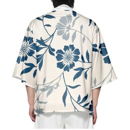 Japanese Flower Print Traditional Kimono Samurai Cosplay Haori Obi Women Men Cardigan Shirt Beach Yukata Asian Clothing