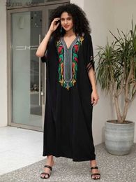 Basic Casual Dresses Embroidered Black Women Loose Kaftan Robe Summer Dresses Women 2024 Cozy Bohemian Holiday Beachwear House Dress Outfit Q1657 L49