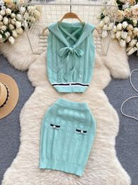 Work Dresses Summer Small Fragrant Knitted Two Piece Set For Women Hooded Crop Top Knitwear Mini Skirt Suits Casual Sweater 2 Outfits