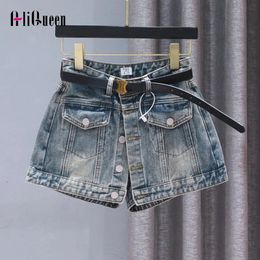 Streetwear Women Vintage Singlebreasted Pockets Denim Shorts Summer High Waist Skirts Y2K Female Black Jean 240411