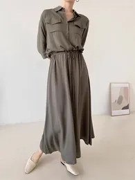 Casual Dresses Clothland Women Elegant Shirt Dress Pocket Drawstring Tie Sashes Three Quarter Sleeve One Piece Office Midi QD510