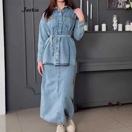 Basic Casual Dresses Spring Water denim belt shirt and long skirt set casual retro dress set 2024 new button up shirt autumn womens clothing C240411