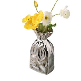 Ceramic Vase Fold Closing Silver Flower Vase Irregularly Folded Terrarium Hydroponic Art Flower Vases Pots Creative Handicraft