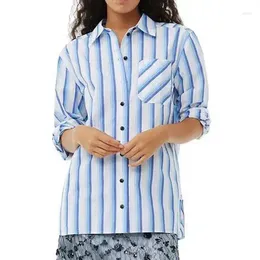 Women's Blouses Women Blue Striped Shirts Turn Down Collar Top Single Breasted Female Embroidery Loose Chemise Blouse With Pocket
