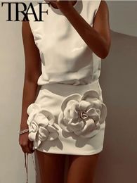 TRAF Y2K Extreme Short Women Mini Skirt Suits 2024 Summer Flower Appliques Sleeveless Tanks Female Crop Top Sets White 240403