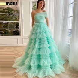 Party Dresses Fivsole Vintage Mint Green A-line Prom One Shoulder Tiered Tulle Pleat Evening Gowns With Sash Vestido De Noche
