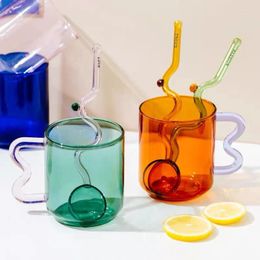 Wine Glasses 450ml Colourful Glass Cups Mug Handmade Wave Ear Coffee Cup For Water Tea Milk Juice Tumbler Gift Drinkware With Colour Handle