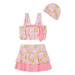 Children Girls 3pcs Set Swimsuit Crop Top with Skirt Hat Tankini Bikini Bathing Suit Pool Beach Water Park Hot Spring Swimwear