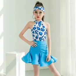 Stage Wear 1set/lot Classic Style Children Blue Leopard Print Latin Dancing Costumes Girl Sexy Patchwork Cha Tango