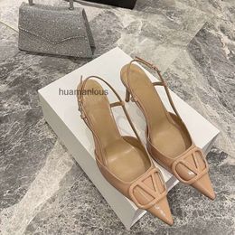 Valenstino Shoes Evening Vbuckle v Elevation Version Pointed Leather Pump Shallow Metal Buckle High Heels Hollowed Out Single Shoe Powder Women RSZ3
