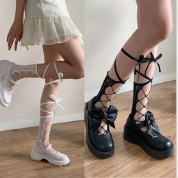 Women Socks White Black Girl Cross Strap Long Summer Thin Female Calf Japanese Students JK Beautiful Legs High Appearance Level