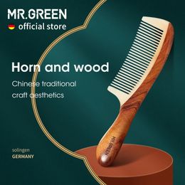 MR.GREEN Comb Natural Wood With Horn Splicing Structure Fine Tooth Hair Comb Anti-Static Head acupuncture point massage Gift 240327