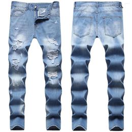 Men's Jeans Hip Hop Trend Broken Beggar Multi Monkey Craft Light Blue Small Straight Leg Man