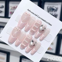Handmade Pink Press on Nails Y2k Fairy Korean Bow 3d Design Adhesive False Acrylic Full Cover Nail Tips Art for Girls 240328