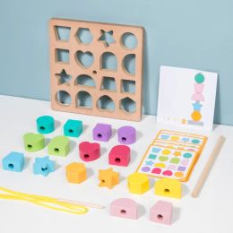 Wooden Montessori Toy Colour Shape Matching Board Threading Game Fine Movement Training Children Logical Thinking Educational Toy