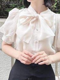 Women's Blouses Fashion Casual Blouse Female 2024 Top Summer Japanese Style Organza Letter Puff Sleeve Big Bow Shirt
