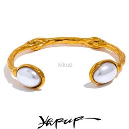 Bangle Yhpup Trendy Imitation Pearls Stainless Steel Gold Color Cuff Bracelet Bangle Rust Proof Metal Stylish Wrist Jewelry for Women 24411