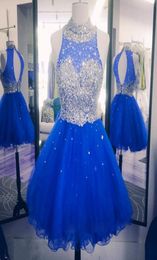 2019 Sparkly Crystal Beaded Homecoming Dresses For Sweet 16 Crew Neck Hollow Back Puffy Tulle Royal Blue Red Graduation Dresses Pa6357423