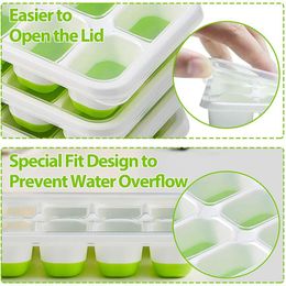 Square Silicone 14-Grid Ice Tray Silicone Mould Form Food Grade Mould For Whiskey Cocktail Ice Cube Maker with Lid Soft Bottom