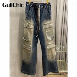 Women's Jeans 9.21 GuliChic Women Fashion Washed Distressed Drawstring Pocket Contrast Color Loose Cargo