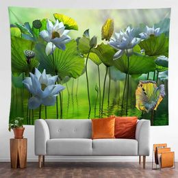 Style Tapestries Summer Home Wall Decor Tapestry Lotus Print Polyester Tapestry for Living Room Bedroom Aestheticism Background Women Gift R0411