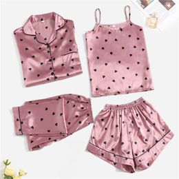 4 Pieces Silk Pyjamas Sets For Women Sexy Women'S Nightwear Sex Sexy Sling Shorts Long Sleeve Long Pants Sleepwear Satin Pyjama