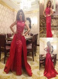 2018 Elegant Red Lace Sheath Prom Dresses Custom Jewel Detachable Train Evening Gowns With Belt Formal Occassion Dress 6546996