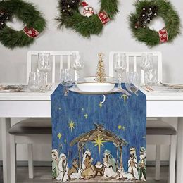 Christmas Ornaments Blue Linen Stain Resistant Table Runners Christmas Ornaments Holiday Interior Retro Themed Party Dinner