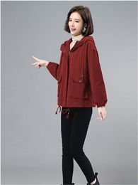Women's Casual Corduroy Hooded Jacket, Loose Plus Velvet Thick Short Coat Vintage Red Female Outwear, Winter Fashion, Plus Size,