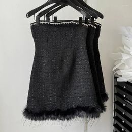 Casual Dresses Ostrich Feather Beading Tweed Strapless Dress Small Fragrant Sexy Shoulder Slim Black Party Women Sleeveless